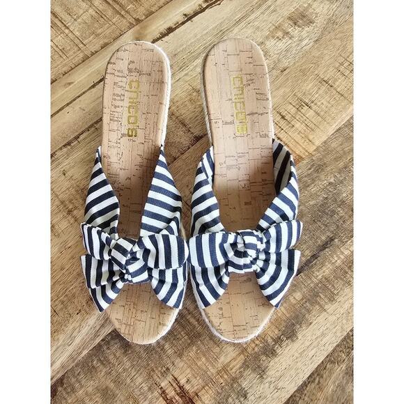 Chico's Blue White Striped Wedges Mules/Slides Size 8 Coastal Nautical Beach - Picture 2 of 10